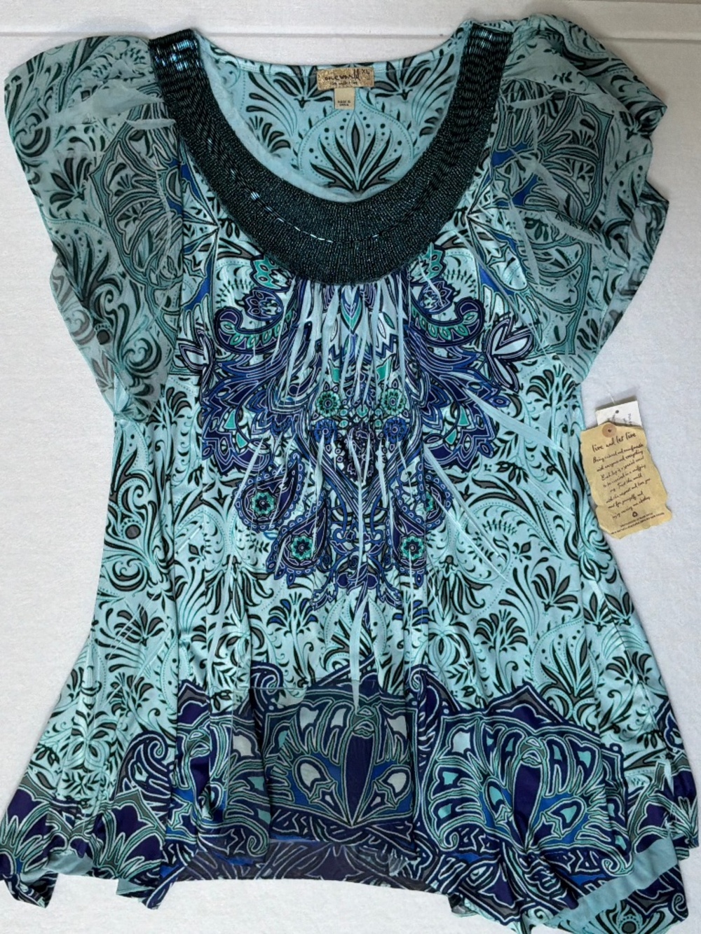 One World Y2K Sequin Asymmetrical Babydoll Sheer Top Blue XL